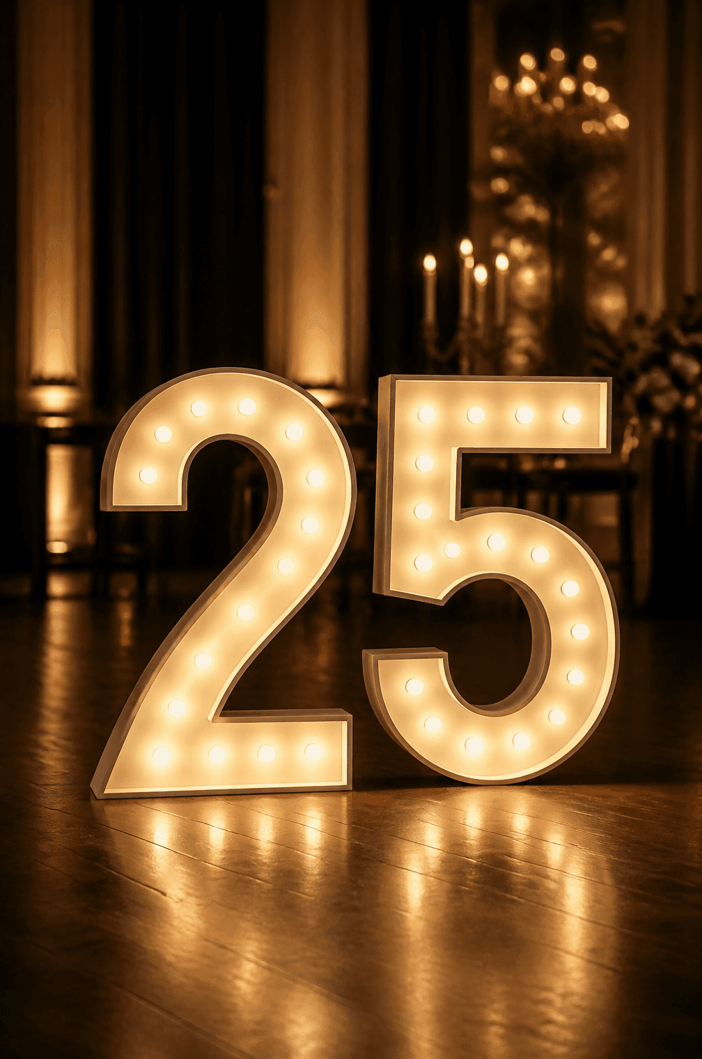 Illuminated marquee numbers glowing in an elegant event setting